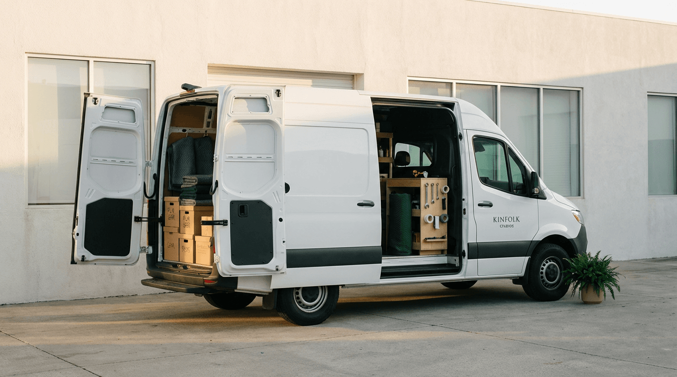 Camion utilitaire Long Débarras chargé, prêt à partir en intervention